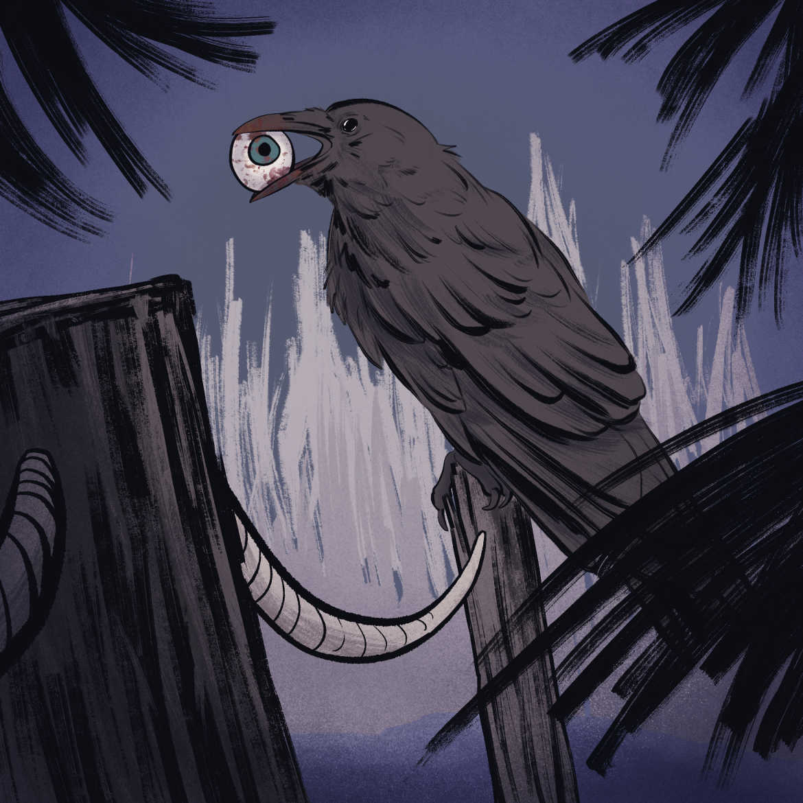 A crow sits on a pole jutting out of a river, with a bloody eyeball in its beak.