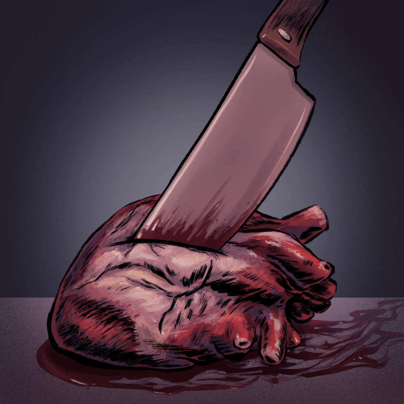 A drawing of a realistic human heart stabbed by a knife