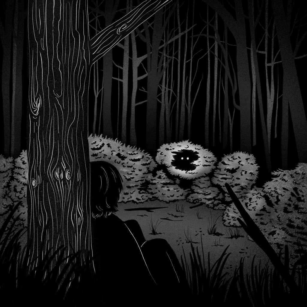In a dark forest, a boy looks out at a bush, and two eyes look back at him.