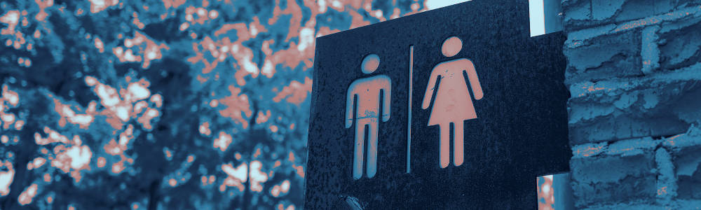 A stereotypical bathroom sign depicting gender, denoted by stick figures wearing pants or a dress.