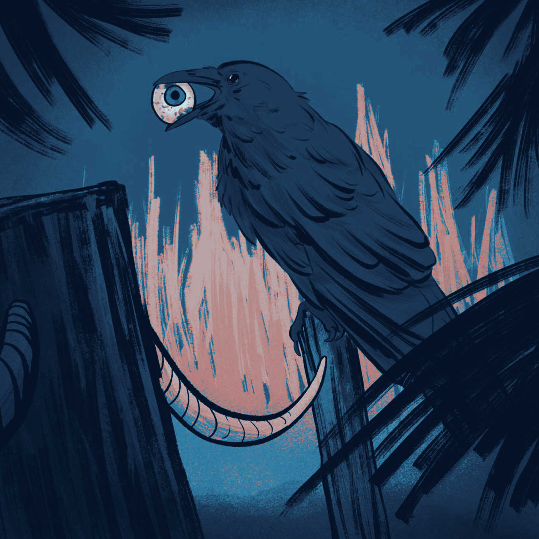 A crow sits on a pole jutting out of a river, with a bloody eyeball in its beak.